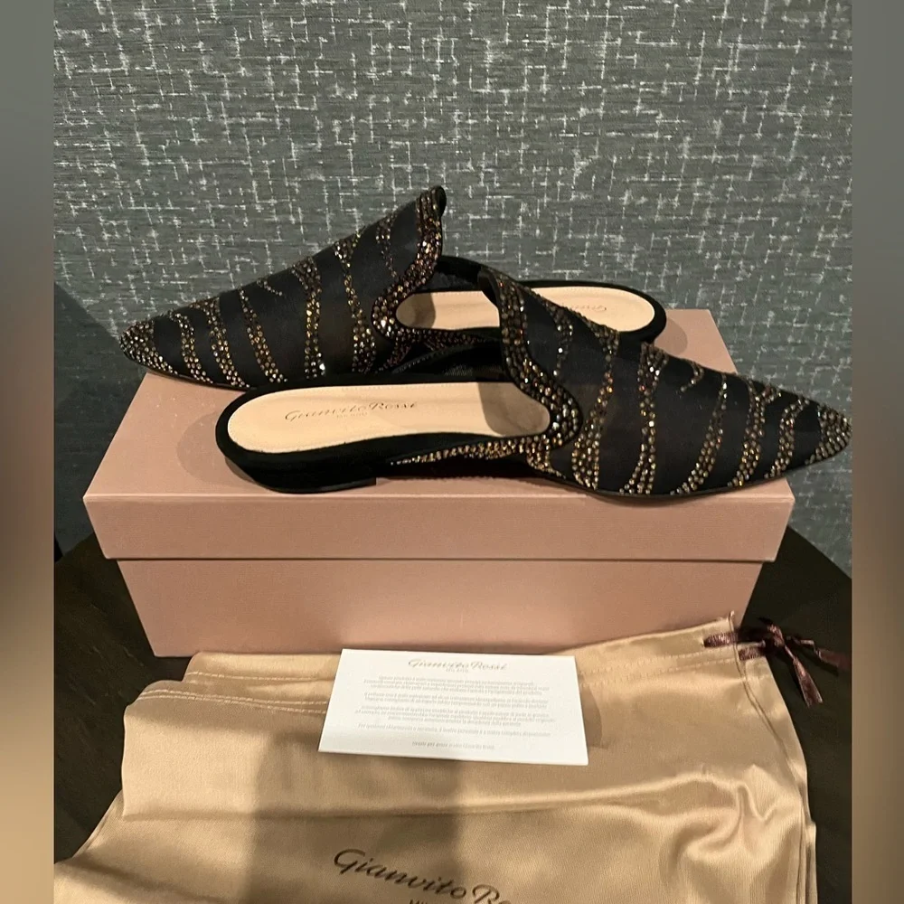 NIB GIANVITO ROSSI Raja Crystal Slide Shoe Shoes Black 8.5